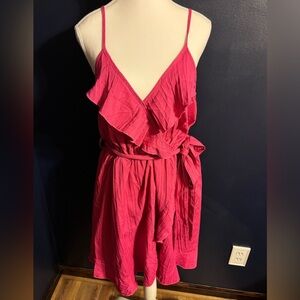 Spaghetti Strap Ruffle Wrap Dress in Bright Pink